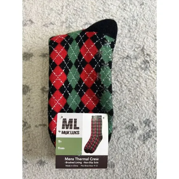 Men Muk Luks Thermal Crew Socks Sz 9-12 M-L Red/Green Argyle Christmas Non Slip - Picture 1 of 6